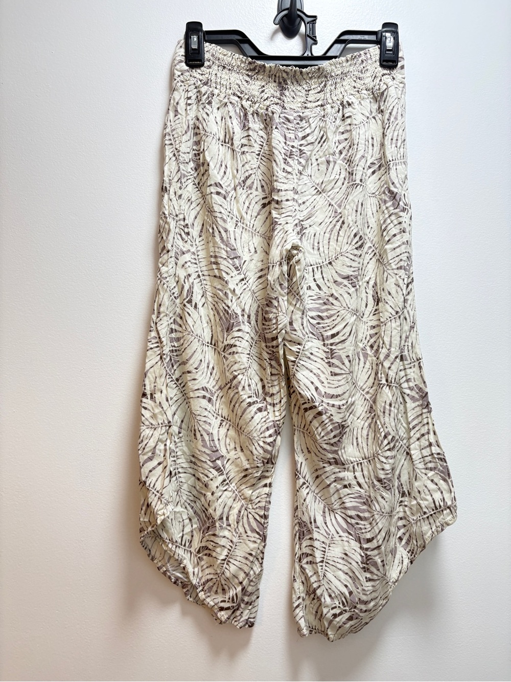 Rewash Cream Tropical Palm-Print Elastic Waist wide leg palazzo pants